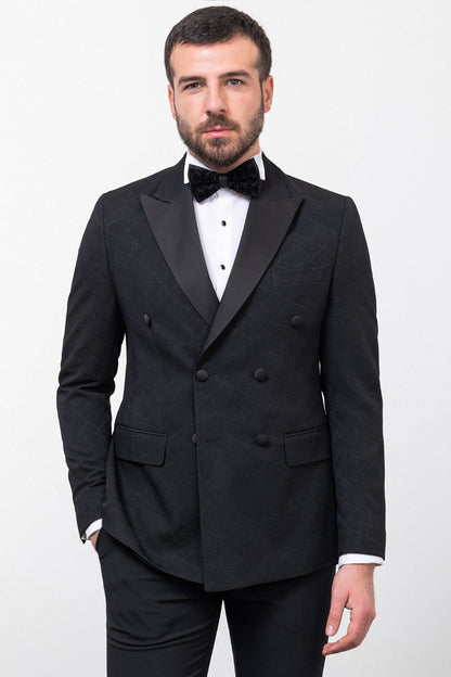 Brabion Rocco Black Slim Fit Double Breasted Patterned Tuxedo