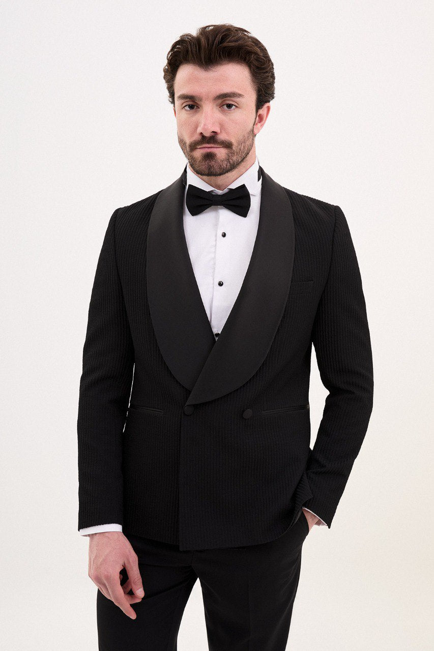 Brabion Rocco Black Slim Fit Double Breasted Striped Tuxedo