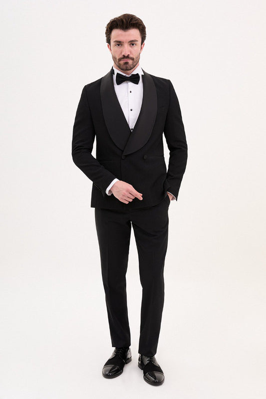 Brabion Rocco Black Slim Fit Double Breasted Striped Tuxedo