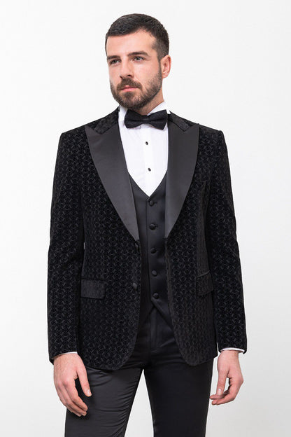 Brabion Rocco Black Slim Fit Peak Lapel Patterned Tuxedo