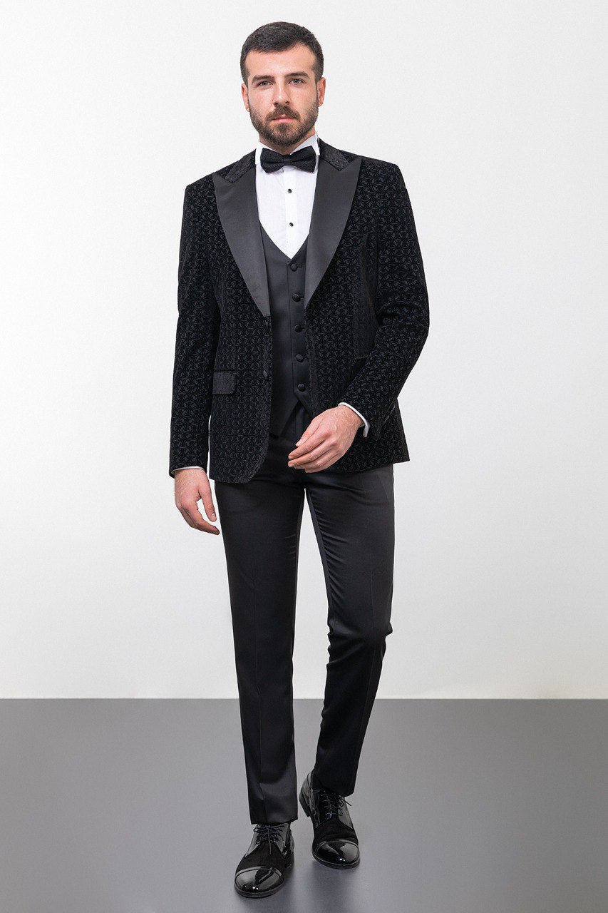 Brabion Rocco Black Slim Fit Peak Lapel Patterned Tuxedo