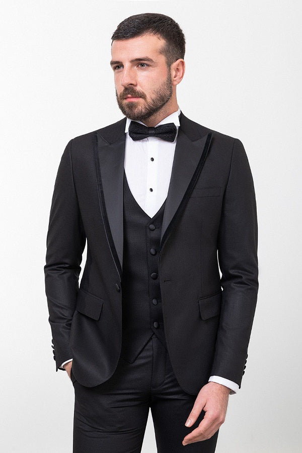 Brabion Rocco Black Slim Fit Peak Velvet Lapel Tuxedo