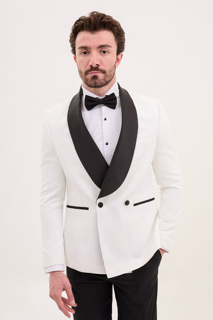 Brabion Rocco White Slim Fit Double Breasted Striped Tuxedo