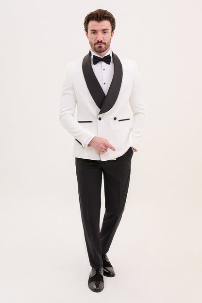 Brabion Rocco White Slim Fit Double Breasted Striped Tuxedo