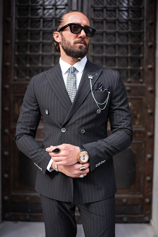 Brabion Massimo Black Slim Fit 2 Piece Pinstripe Double Breasted Suit