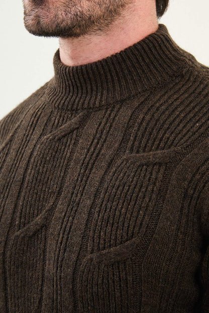 Dark Brown Cable-Knit High Neck Sweater