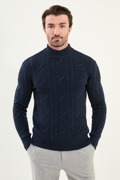 Navy Blue Cable-Knit High Neck Sweater
