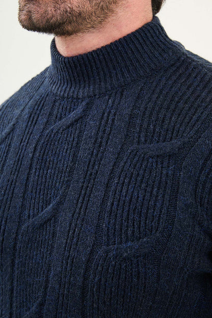 Navy Blue Cable-Knit High Neck Sweater