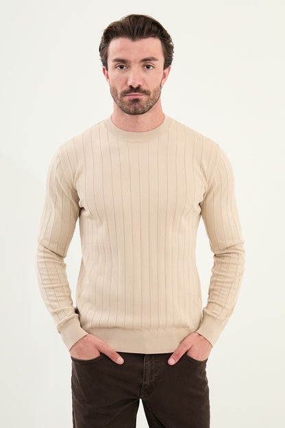 Men’s Beige Ribbed Slim Fit Sweater