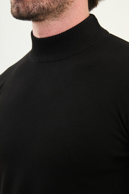 Men’s Black Knit Half-Turtleneck Pullover – Slim Fit