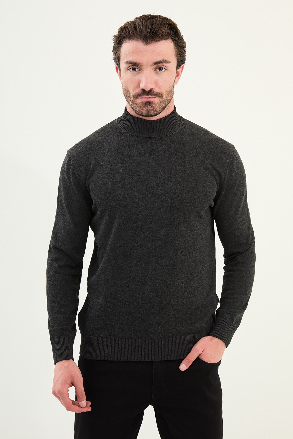 Men’s Gray Knit Half-Turtleneck Pullover – Slim Fit