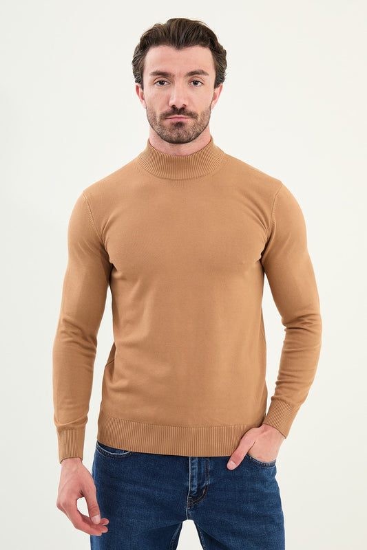 Men’s Camel Knit Half-Turtleneck Pullover – Slim Fit