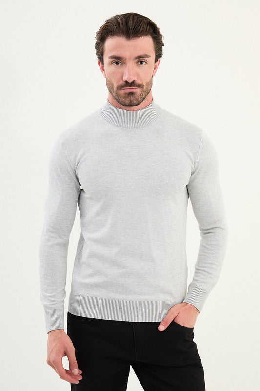 Men’s Light Gray Knit Half-Turtleneck Pullover – Slim Fit