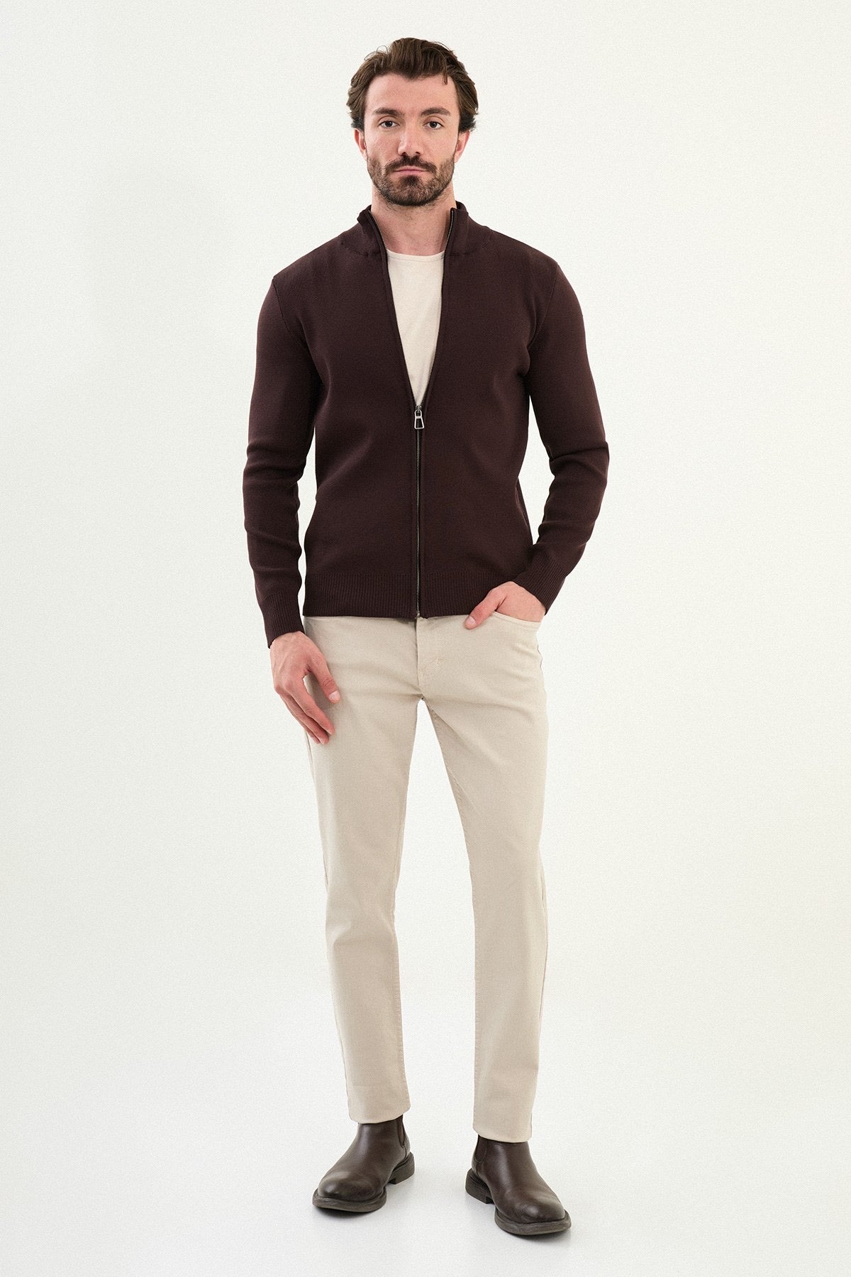 Men's Slim-Fit Zip-Up Knit Cardigan – Brown