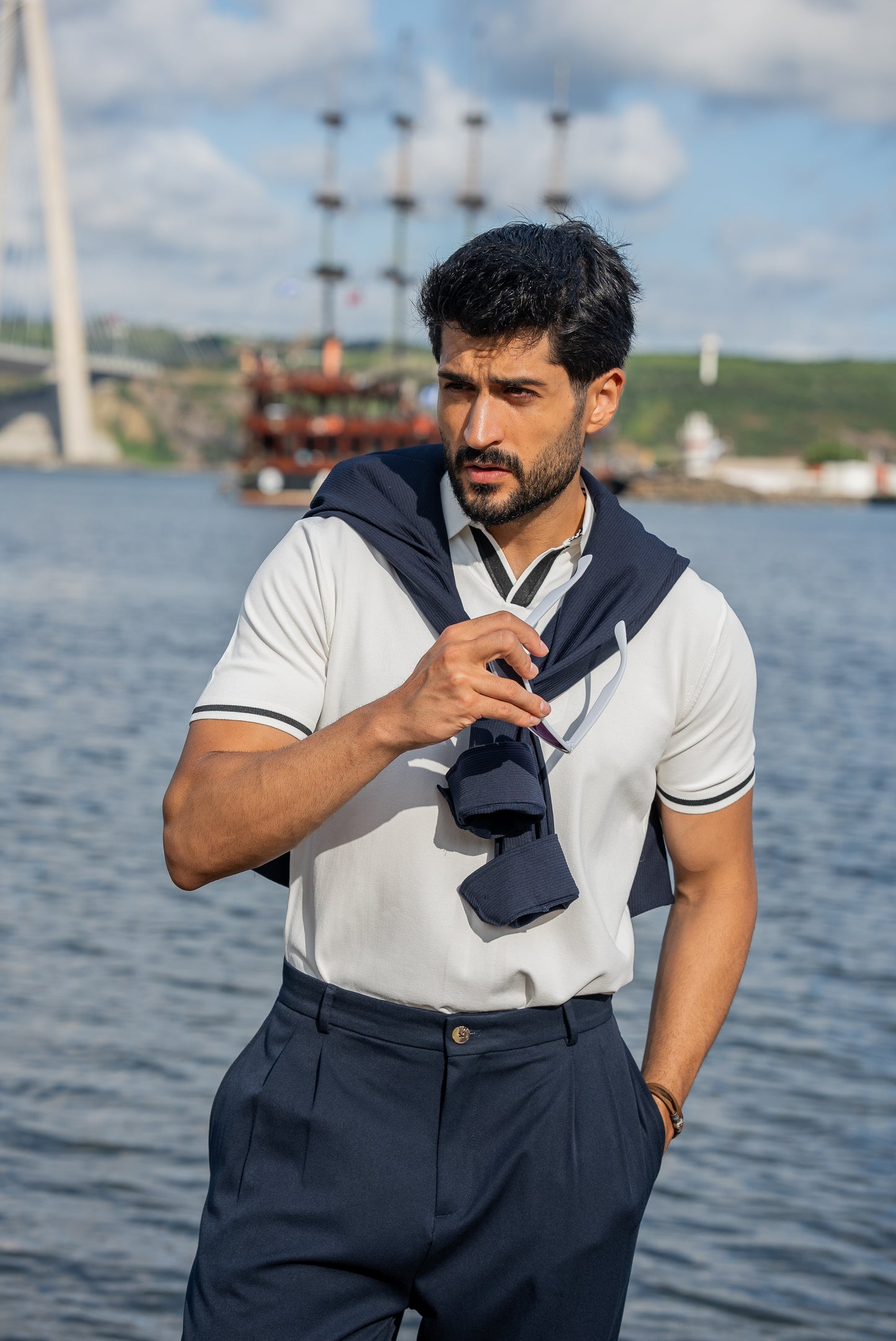 Mykonos White Polo Collar Men's T-Shirt