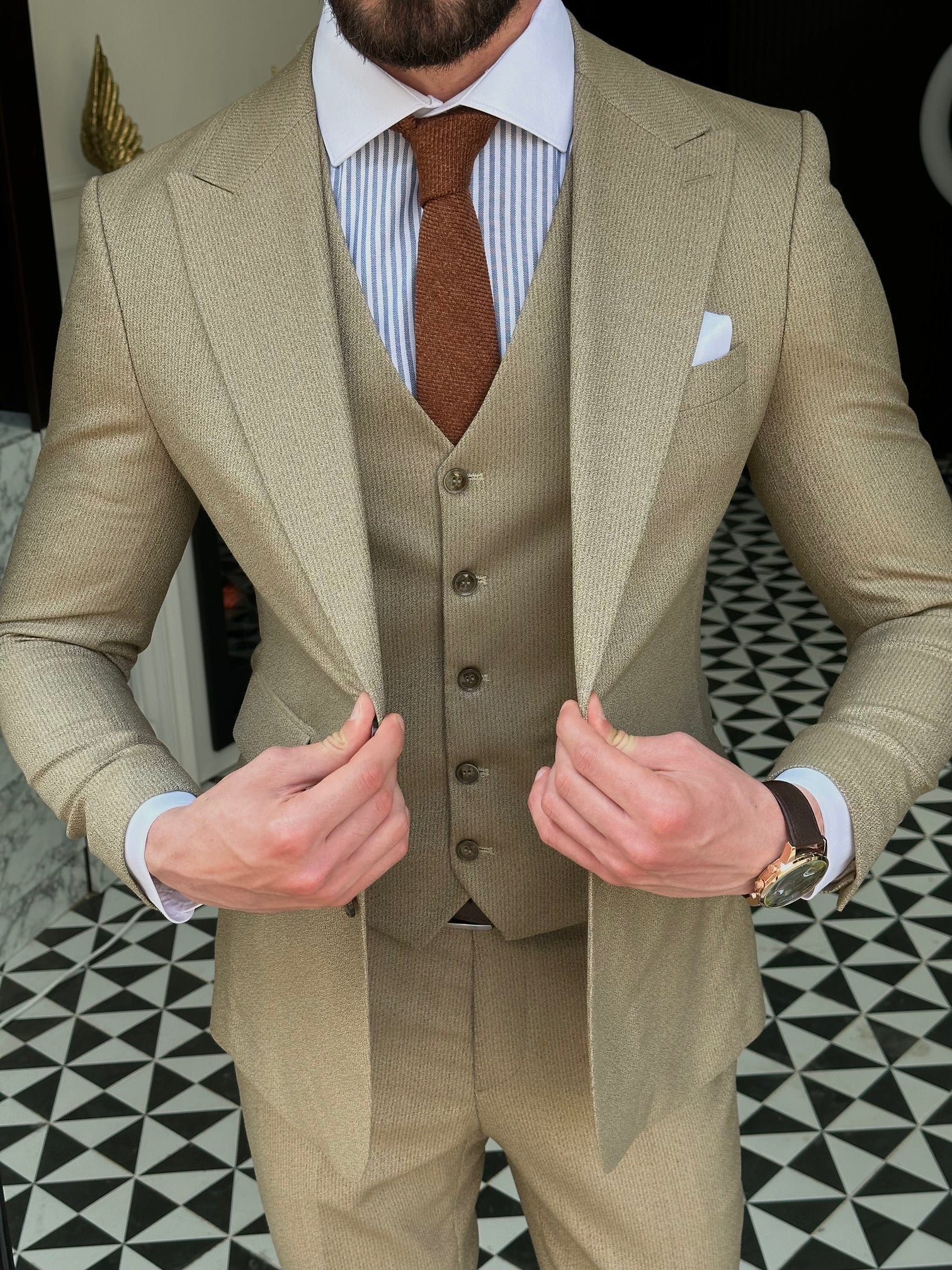 Beige Striped Slim-Fit Suit 3-Piece VIOSSI
