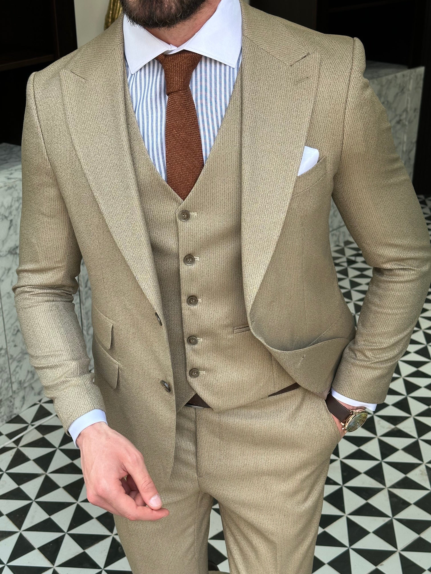 Beige Striped Slim-Fit Suit 3-Piece VIOSSI