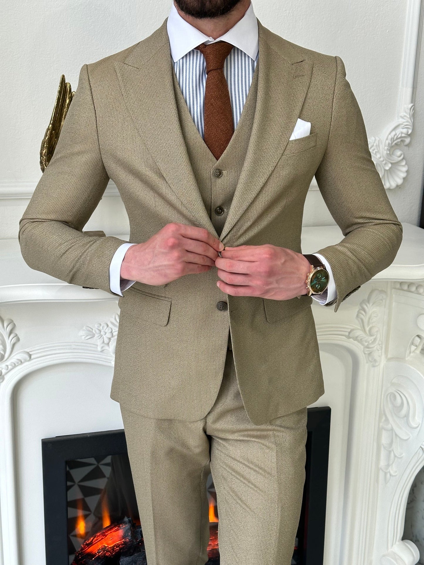 Beige Striped Slim-Fit Suit 3-Piece VIOSSI