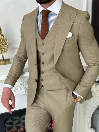 Beige Striped Slim-Fit Suit 3-Piece VIOSSI