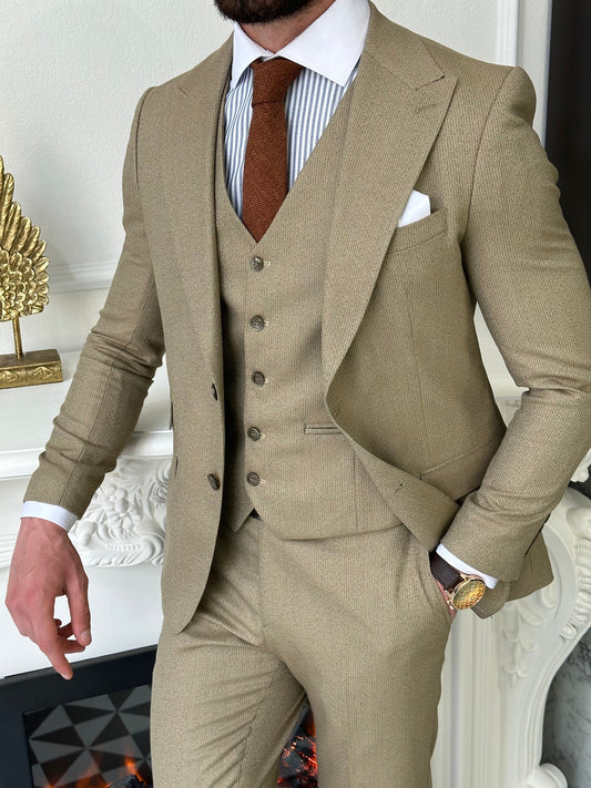 Beige Striped Slim-Fit Suit 3-Piece VIOSSI