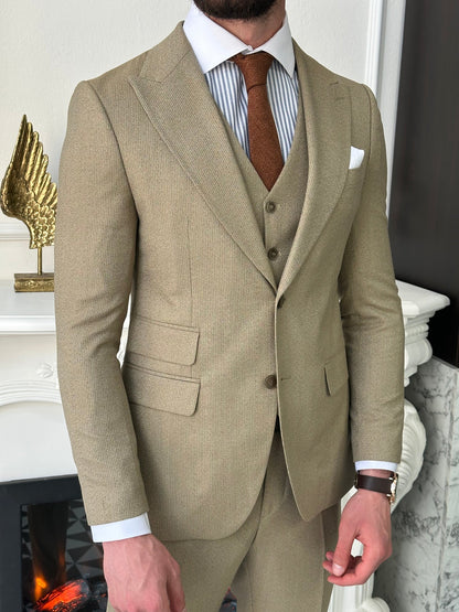Beige Striped Slim-Fit Suit 3-Piece VIOSSI