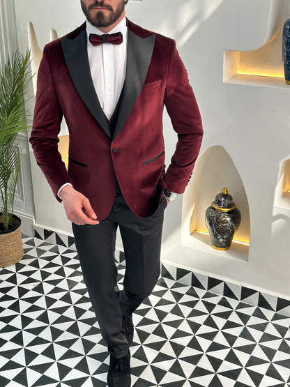 Bordeaux Velvet Slim-Fit Tuxedo 3-Piece - BRABION