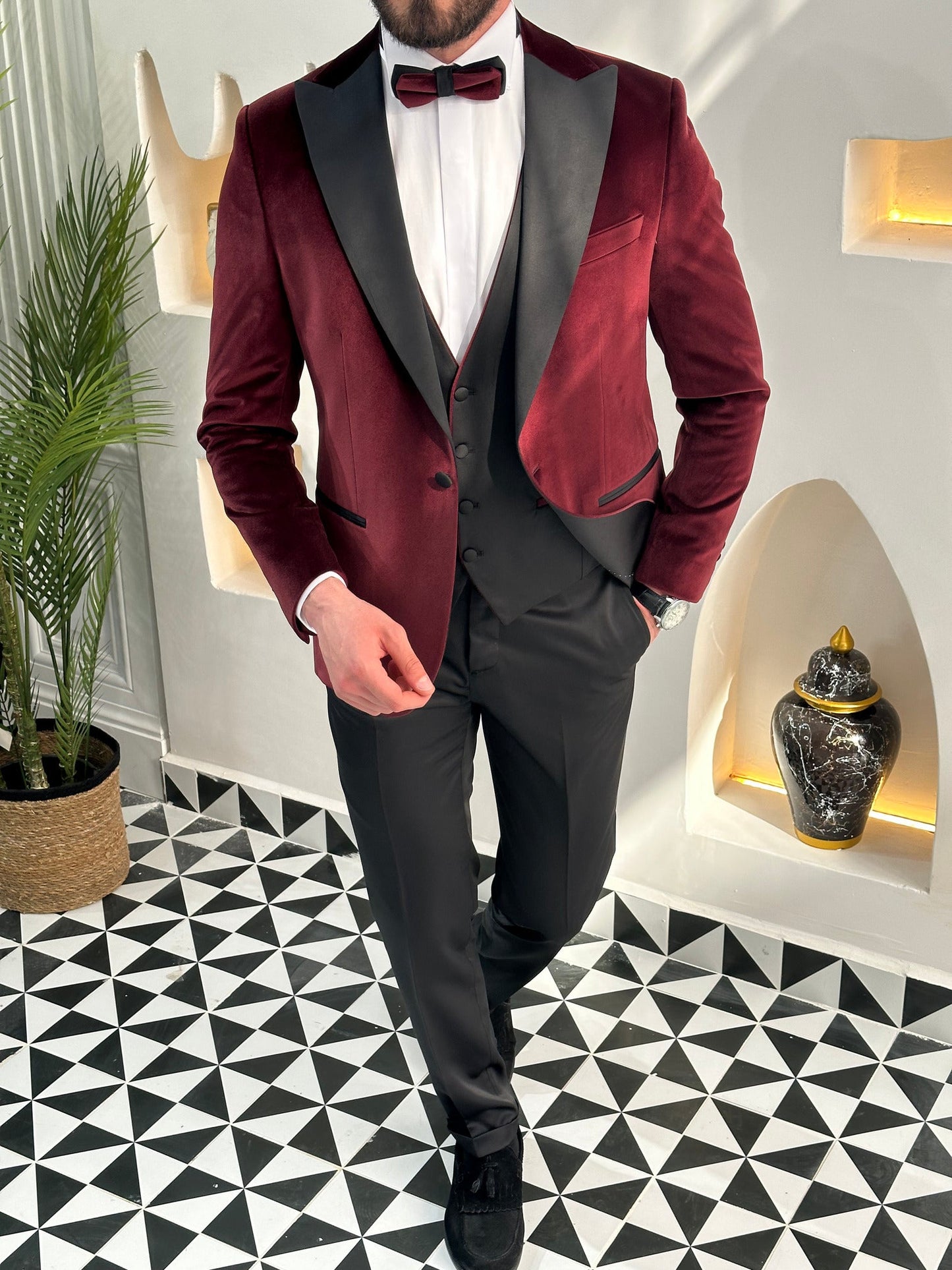 Bordeaux Velvet Slim-Fit Tuxedo 3-Piece - BRABION