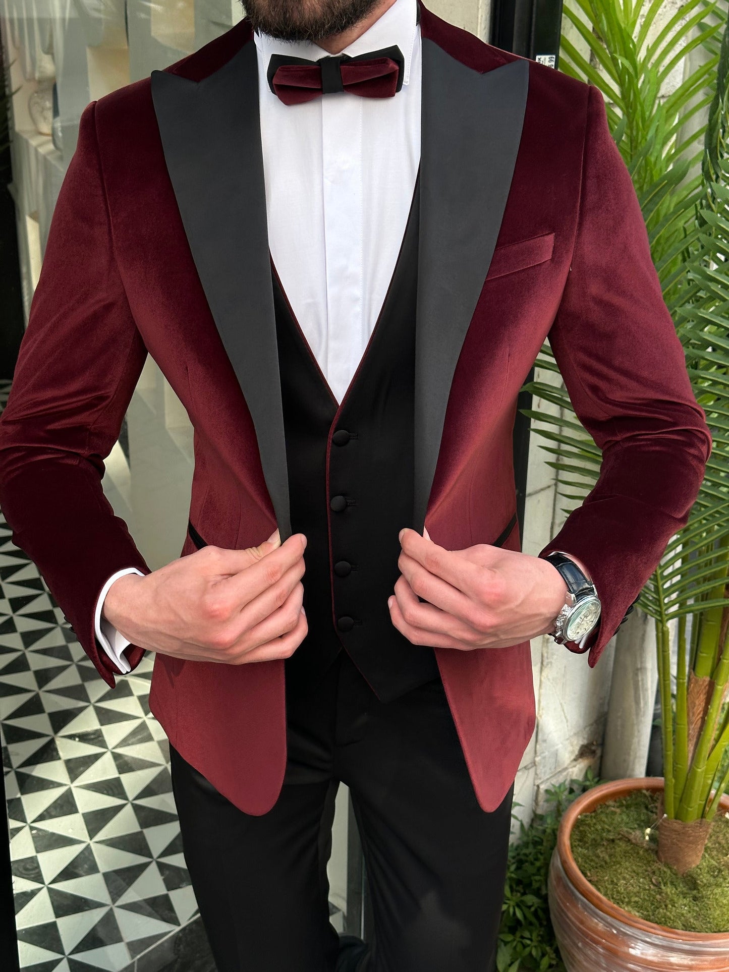 Bordeaux Velvet Slim-Fit Tuxedo 3-Piece - BRABION