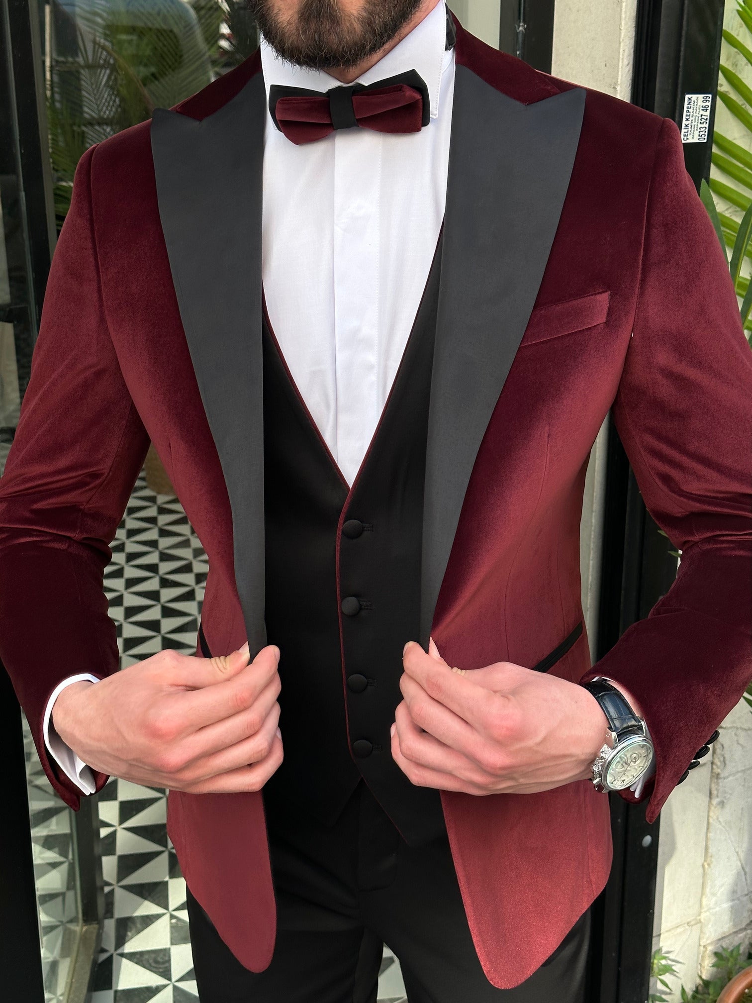 Bordeaux Velvet Slim-Fit Tuxedo 3-Piece - BRABION