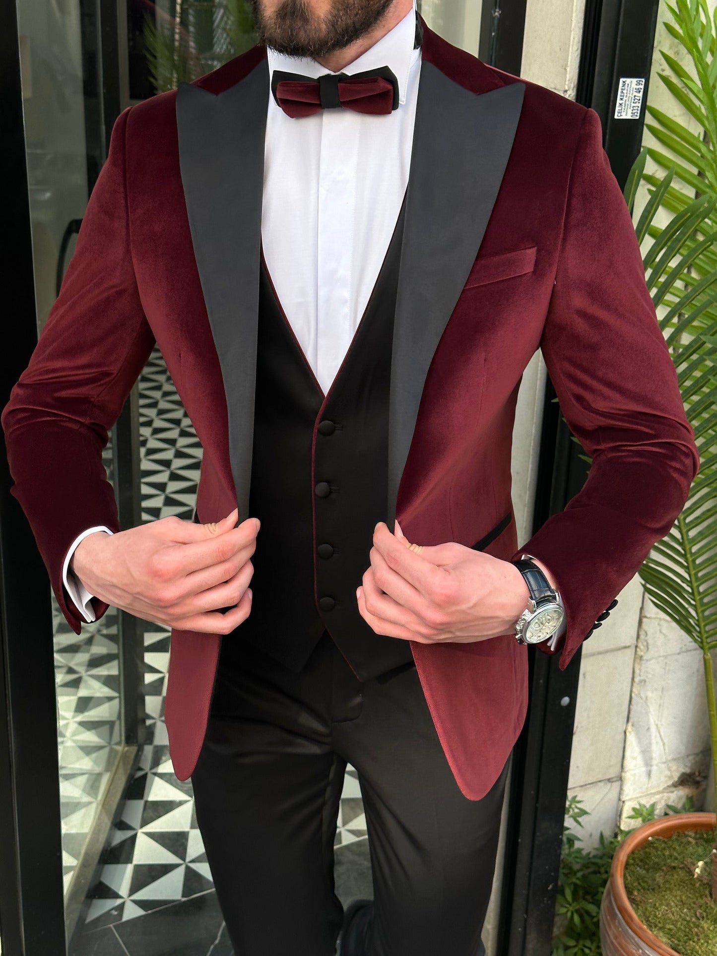 Bordeaux Velvet Slim-Fit Tuxedo 3-Piece - BRABION