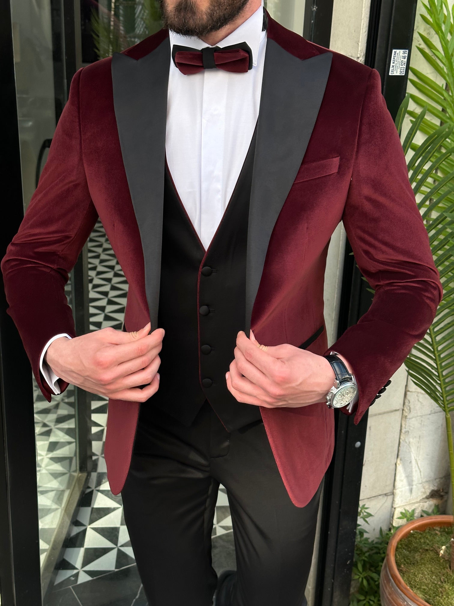 Bordeaux Velvet Slim-Fit Tuxedo 3-Piece - BRABION