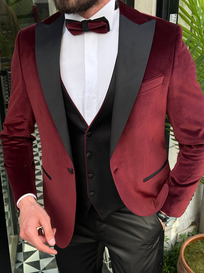 Bordeaux Velvet Slim-Fit Tuxedo 3-Piece - BRABION