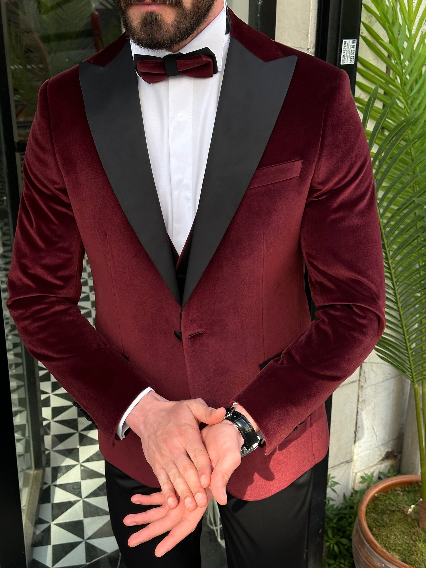 Bordeaux Velvet Slim-Fit Tuxedo 3-Piece - BRABION