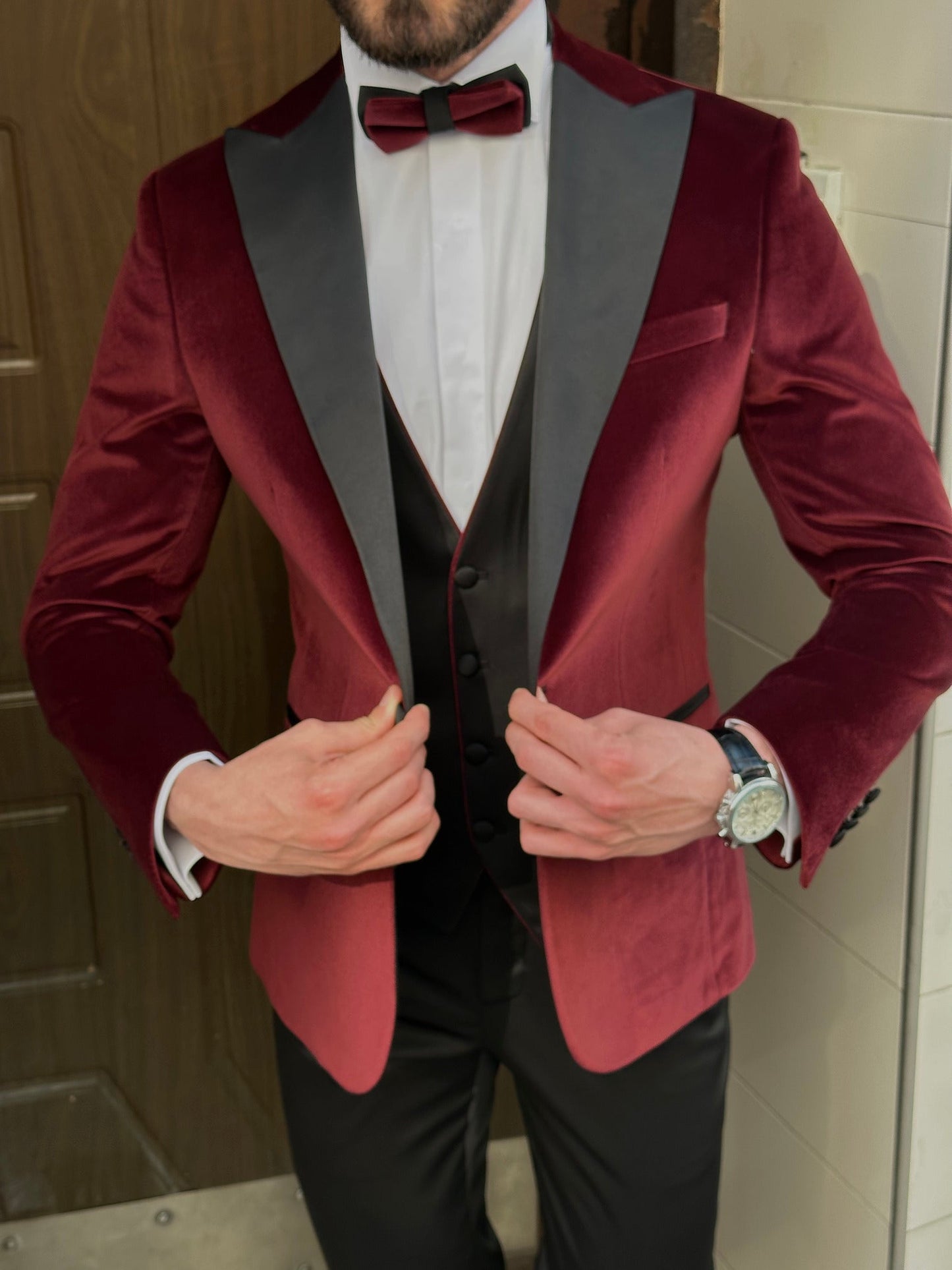 Bordeaux Velvet Slim-Fit Tuxedo 3-Piece - BRABION