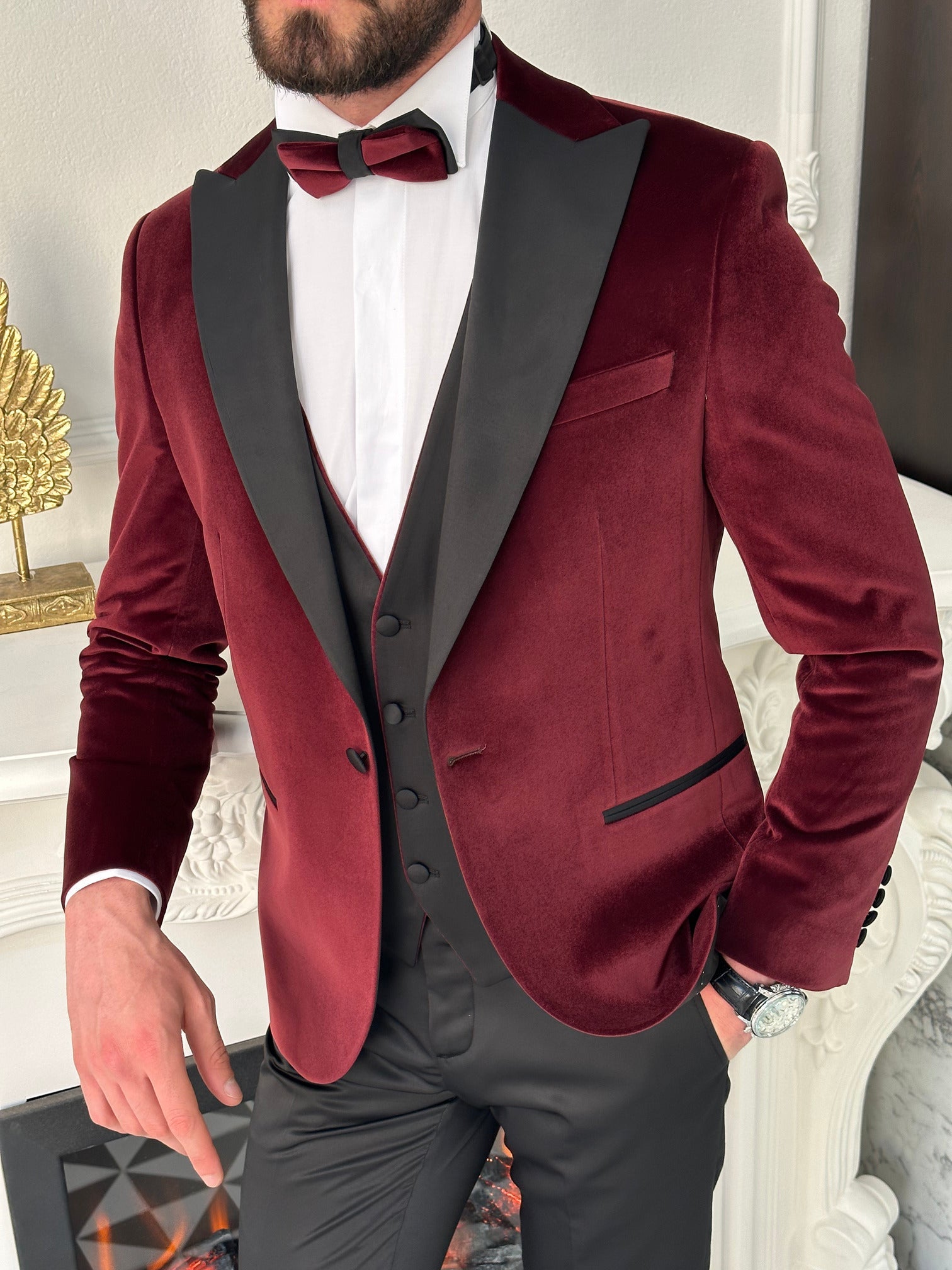 Bordeaux Velvet Slim-Fit Tuxedo 3-Piece - BRABION