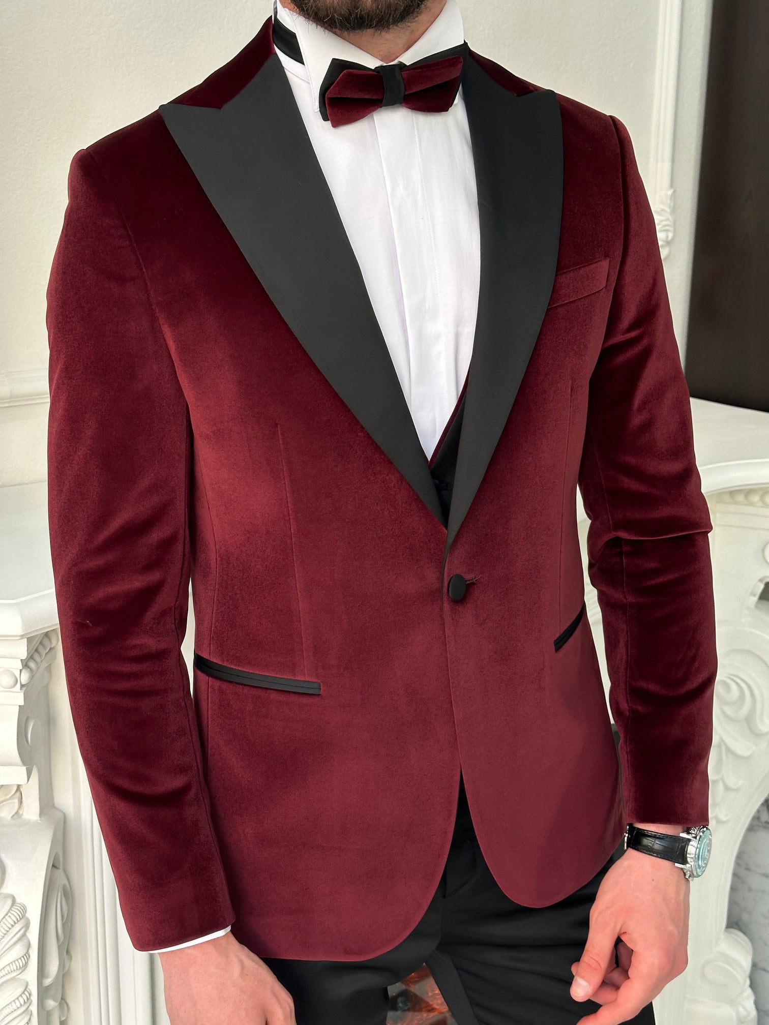Bordeaux Velvet Slim-Fit Tuxedo 3-Piece - BRABION