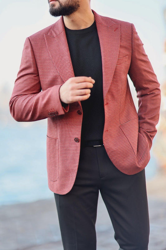 Men’s Burgundy Patterned Slim-Fit Jacket