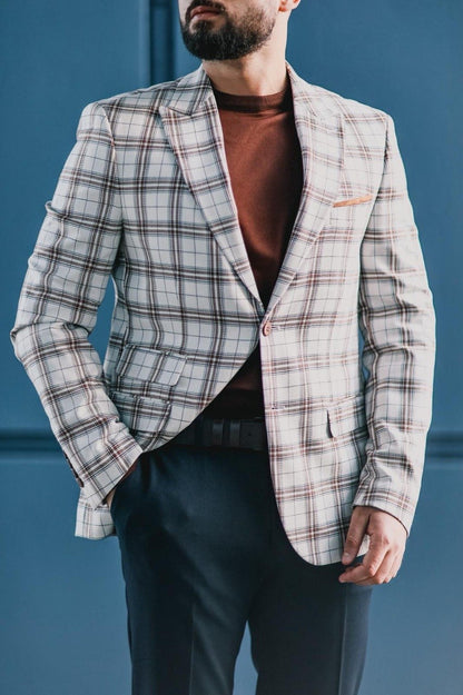 Men’s White Plaid Slim-Fit Jacket