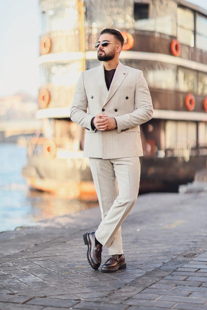 Men’s Beige Pinstripe Double-Breasted Suit