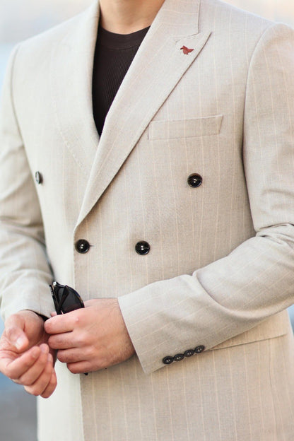 Men’s Beige Pinstripe Double-Breasted Suit