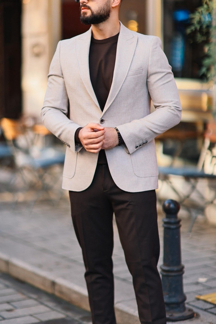 Men’s Beige Textured Slim-Fit Jacket