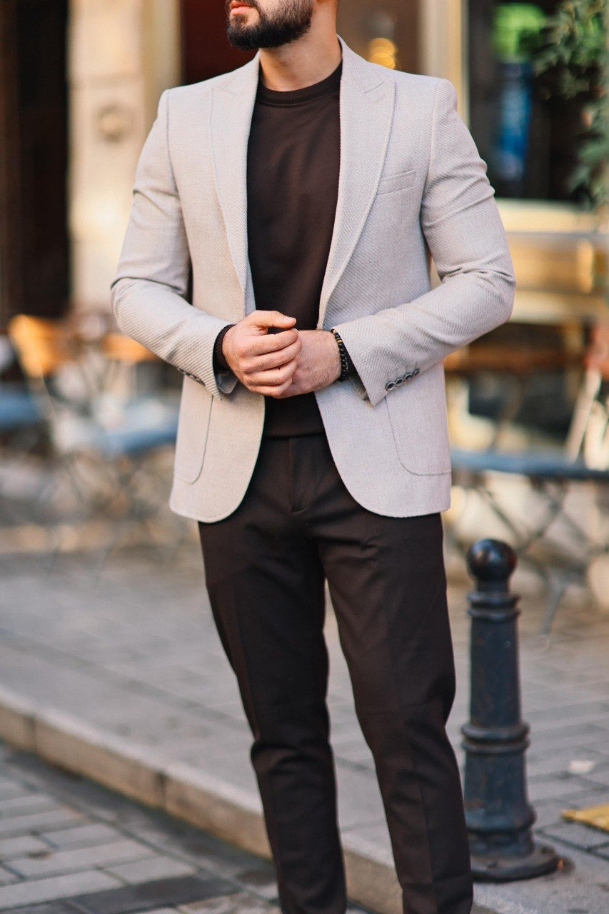 Men’s Beige Textured Slim-Fit Jacket