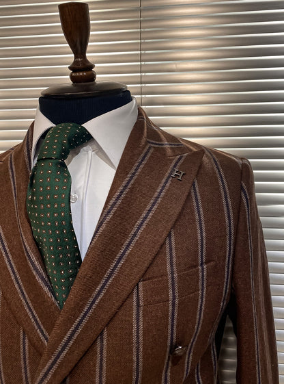 Brown Striped Woolen Double Breasted Blazer - BRABION