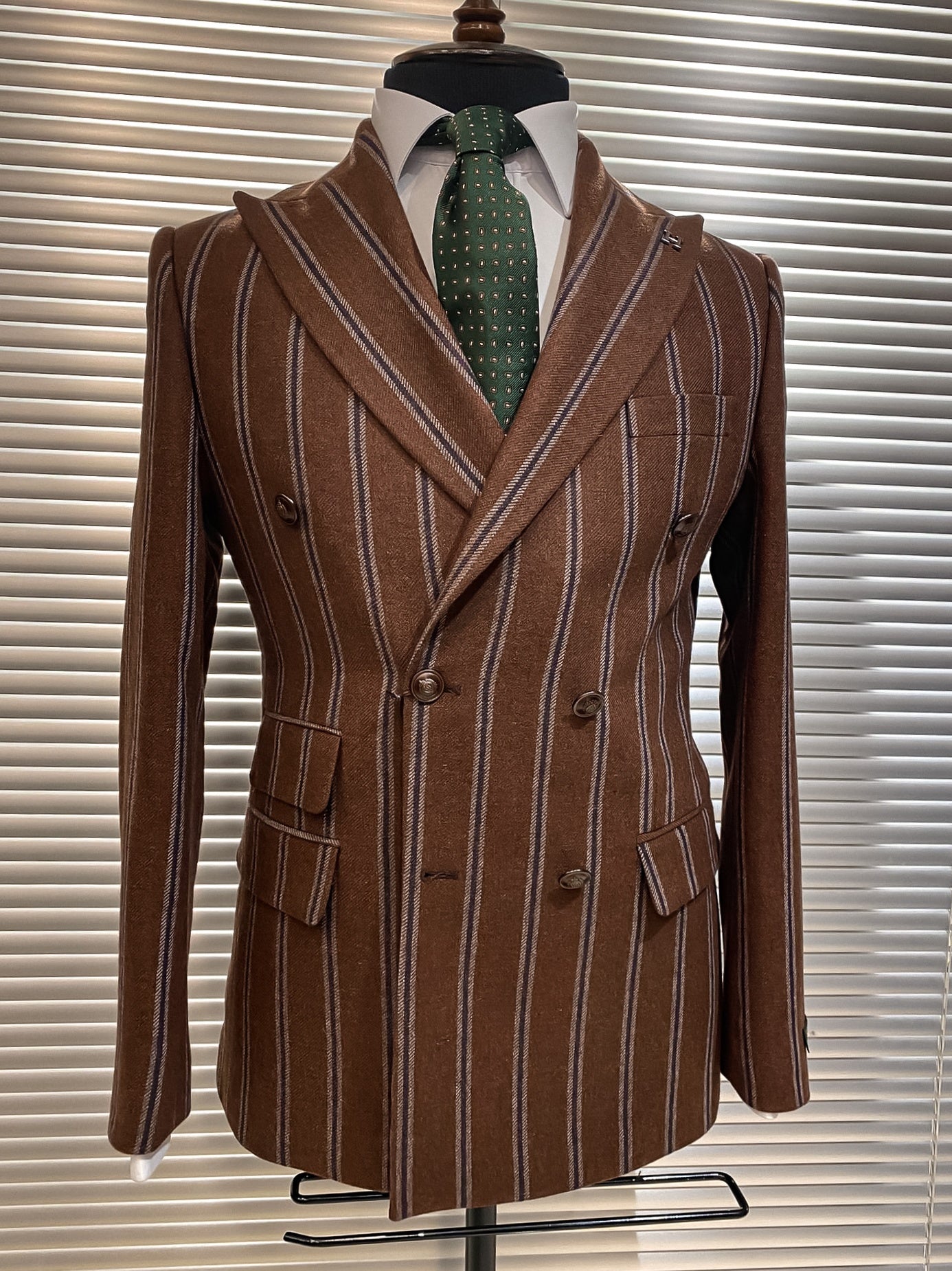 Brown Striped Woolen Double Breasted Blazer - BRABION