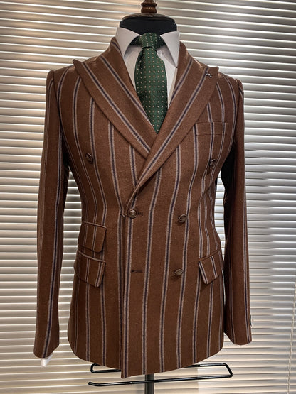 Brown Striped Woolen Double Breasted Blazer - BRABION