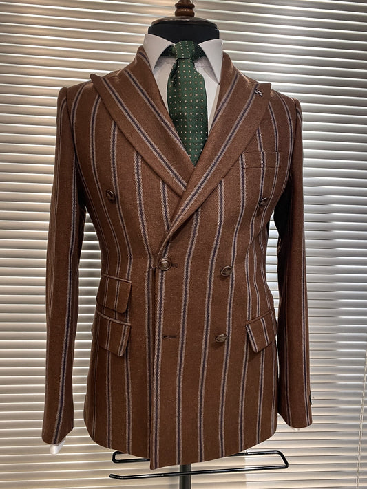 Brown Striped Woolen Double Breasted Blazer - BRABION