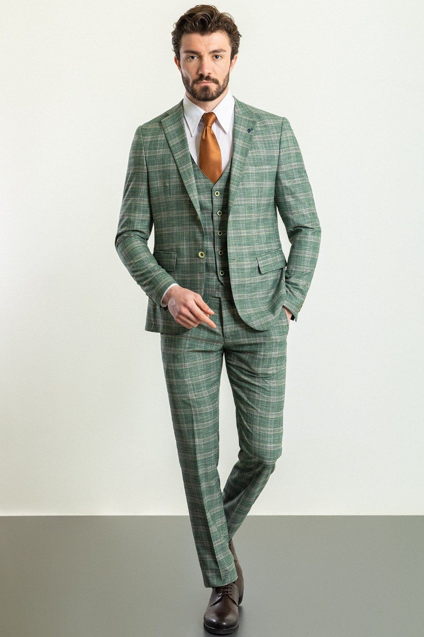 Brabion Elio Light Green Slim Fit Notch Lapel 3 Piece Plaid Suit