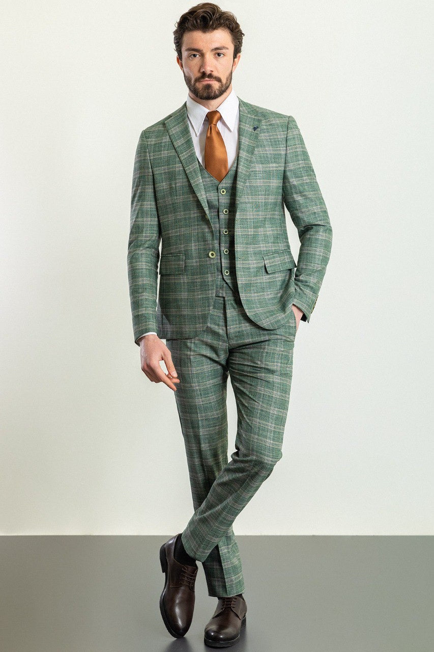 Brabion Elio Light Green Slim Fit Notch Lapel 3 Piece Plaid Suit