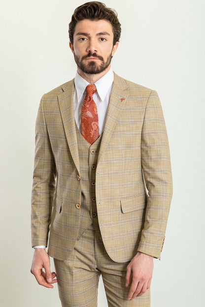 Brabion Elio Beige Slim Fit Notch Lapel 3 Piece Plaid Suit