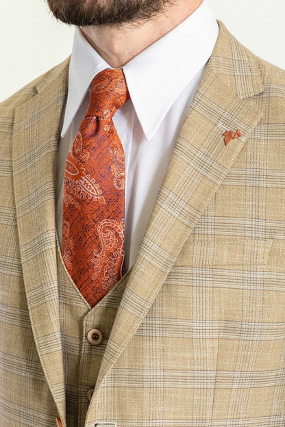 Brabion Elio Beige Slim Fit Notch Lapel 3 Piece Plaid Suit